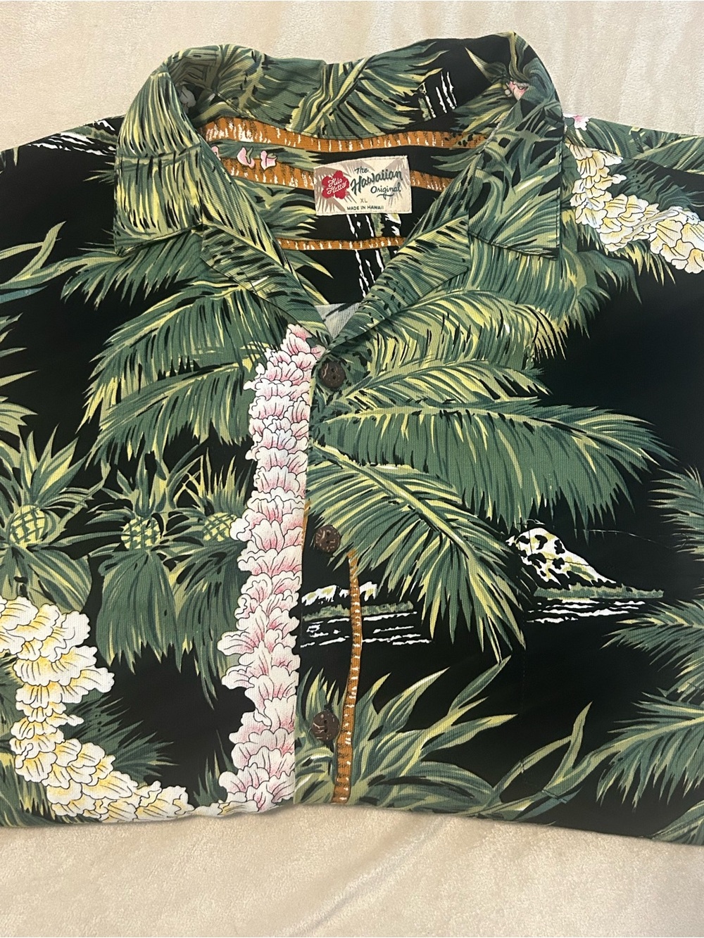 The Hawaiian Original Shirt Men XL Black Hilo Hattie Palm Tree Pineapple Hawaii